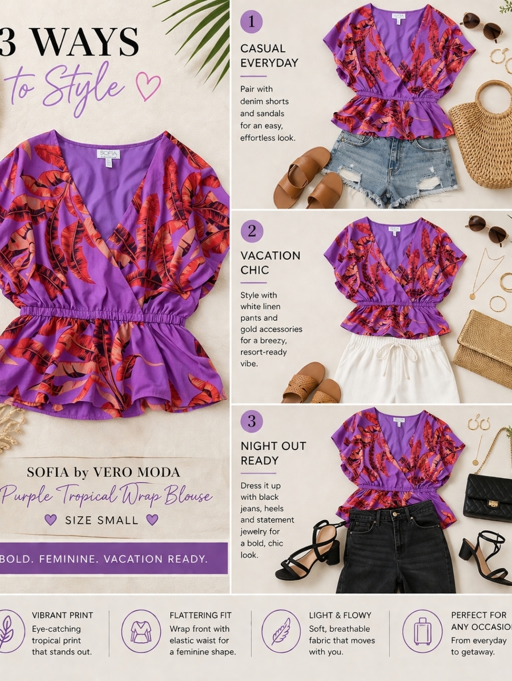 SOFIA by Vero Moda Purple Tropical Print Wrap Blouse - Picture 3 of 5